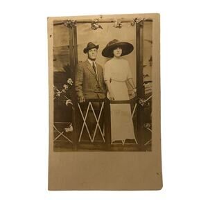 Antique/Vintage Real Photo Postcard RPPC Man Woman Couple Portrait Studio Hats